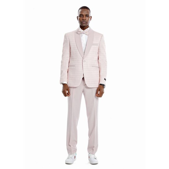 Round Honeycomb Textured 3pc Suit w/ Semi Double Breasted Vest, Pink - Picture 5 of 7